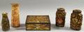 Folk Art Cigar Banddecorated Trinket Box Milk Bottle and Vase and Two Memoryware Bottles