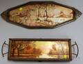 Two Art Deco Hammered Wrought Iron and Reversepainted Glass Trays
