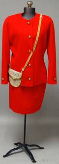 Bill Blass Red Skirt Suit With Gold Buttons and Metallic Gold and Beaded Purse Design
