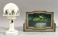 Art Deco Painted Black Silhouettedecorated White Glass Mushroom Boudoir Lamp and Vintage Cast Metal Framed Mt Fuji Scenic Illuminated