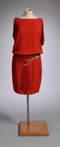 Bill Blass Asymmetrical Red Cocktail Dress with Beaded Belt Design at Waist