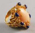 Oversized Modern 14kt Gold Coral Lapis Lazuli and Diamond Ring