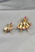 Two 14kt Gold Gemset Ballerina Brooches