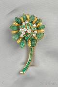 18kt Gold Carved Emerald Emerald and Diamond Brooch