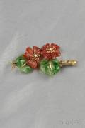 14kt Gold Carved Hardstone Nephrite Jade and Diamond Brooch
