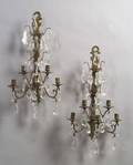 Pair of Baroquestyle Brass and Colorless Glass FiveLight Sconces