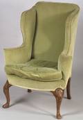 Queen Anne Green Velvet Upholstered Walnut Wing Chair