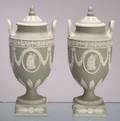 Pair of Wedgwood Light Green Jasper Dip Vases and Covers