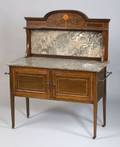 Edwardian Gray Marble Inset and Marbletop Inlaid Mahogany Commode