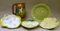 Majolica Pitcher Three Leafform Plates and a Minton Celadon Plate
