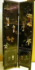 Chinese Carved Ivory and Hardstone Mounted Gilt and Paint Decorated Lacquered SixPanel Floor Screen