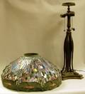 Tiffanystyle Jeweled Leaded Art Glass Dragonfly Lamp Shade with Patinated Cast Bronze Base