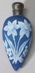 Cameo Glass and English Silver Perfume Flask Royal blue glass with white overlay decoration of daffodils flowers and a moth with