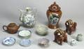 Fourteen Assorted Asian Ceramic Items and an Amber Plastic Horse Figure and Covered Vase