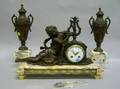 ThreePiece French Neoclassical Patinated Metal Figural and Marble Mantel Clock Garniture Set
