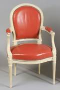 Louis XVI Style Red Leather Upholstered Pickled and Carved Beechwood Fauteuil