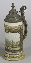 Mettlach Pewter Lidded Scene of Freiberg Etched Stoneware Stein