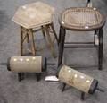 Pair of Rustic Victorian Carpeted Wooden Footrests a Grain Painted Caned Seat Stool and a Bamboo Tabouret