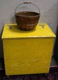 Blue Sponge and Yellow Painted Wooden Kindling Box and a Woven Splint Basket