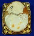 14kt Gold Filigree Mounted and Diamond Highlighted Carved Shell Cameo Brooch