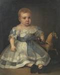 American School 19th Century Portrait of a Boy with a Toy Horse and Holding a Bird