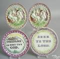 Pair of oval pink luster Staffordshire plaques with figures of Bacchus and nymphs ca 1800