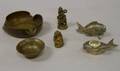 Two Small Asian Bronze Figures an Ashtray Cup and Two Silver Plated Fish Figures