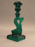 Reproduction Sandwichstyle Molded BlueGreen Glass Dolphin Candlestick
