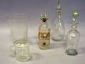 Etched Colorless Flip Glass Three Small Colorless Glass DecantersBottles and an Etched Cup