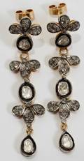 010076 18KT GOLD SILVER AND DIAMOND DANGLE EARRINGS