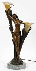 ART NOUVEAU BRONZE  IRIDESCENT GLASS FIGURAL LAMP