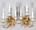 THREELIGHT GILT METAL AND ENAMEL TWOLIGHT SCONCES