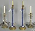 Pair of brass and blue etched glass lamps