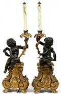 FRENCH BROWN  GILT PATINA PUTTI CANDLESTICKS PAIR