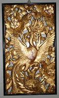 3197 CHINESE CARVED  GILDED WOOD PANEL PHOENIX IN T