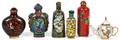 CHINESE CLOISONN SNUFF BOTTLES AND TEAPOT 6 PIECES