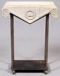 VINTAGE CARVED LIMESTONE AND STEEL TABLE