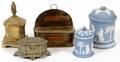 TOBACCO WEDGWOOD JARS AND BRASS BOXES ETC