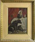Oil on board interior scene of a woman and a dog