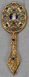021073 ART NOUVEAU BRASS  ENAMEL HAND MIRROR EARLY 2