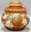 011136 AMBER SATIN GLASS COVERED JAR C 1880 H 7