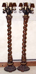 122075 CARVED WALNUT  WROUGHT IRON TORCHIERES C1920