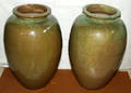 120088 ORIENTAL GREEN GLAZED POTTERY GARDEN URNS PAIR