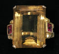 2174 EMERALD CUT TOPAZ AND RUBY 14 KT RING