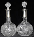 011237 CRYSTAL DECANTER  2 SILVER PLATE COLLARS 3PC