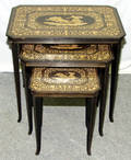 021288 ANTIQUE INLAID WOOD NEST OF THREE TABLES H 26
