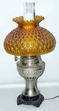 020268 AMBER GLASS  METAL OIL LAMP CONVERTED TO ELECT
