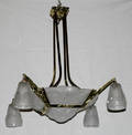 012109 FRENCH ART DECO POLISHED BRASS CHANDELIER FIVE