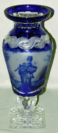 120288 CLEAR TO COBALT ETCHED AND CUT VASE H 15