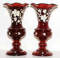 011450 RUBY GLASS VASES CIRCA 1930 PAIR H 10 14